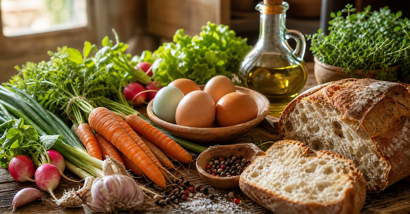 Produits locaux de saison sur une table de cuisine chaleureuse