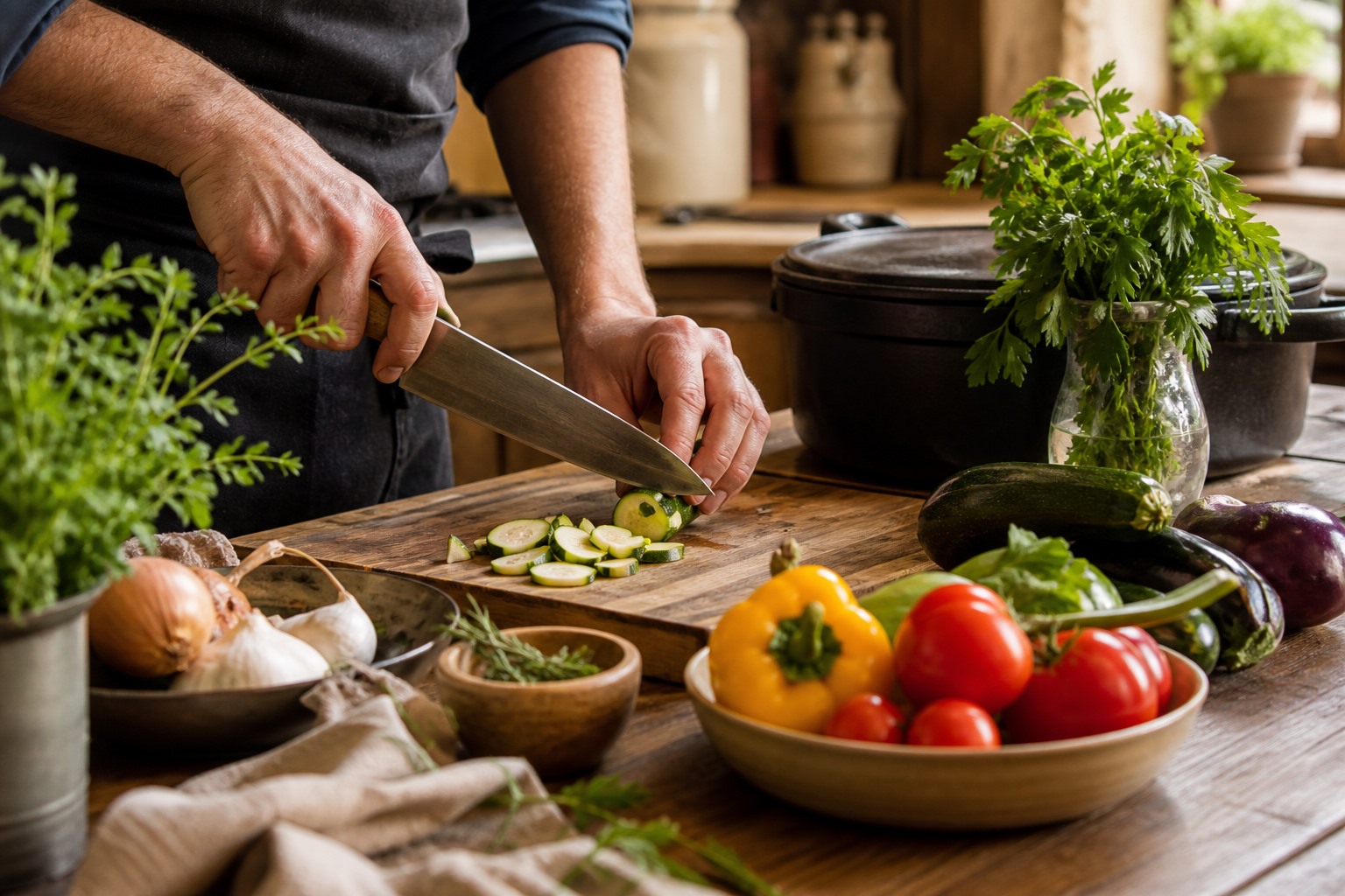 Chef préparant une cuisine locale avec des ingrédients frais