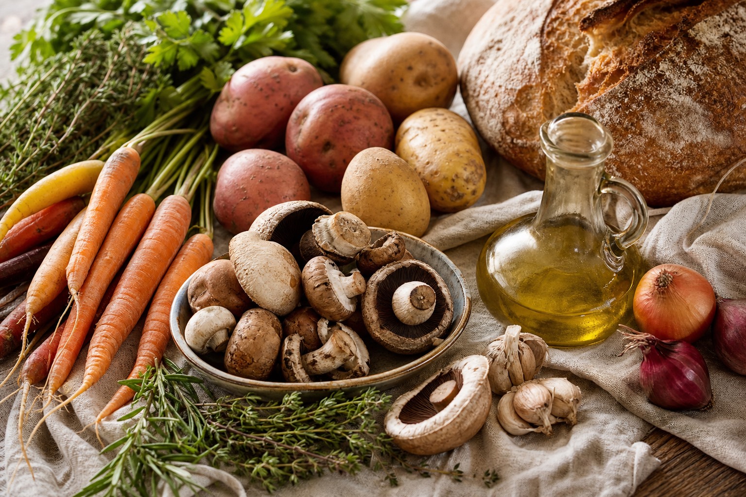 Produits locaux frais, herbes, pain et huile d’olive