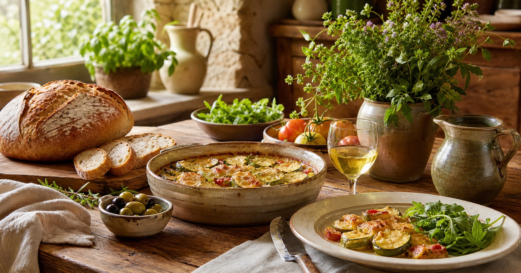 Table chaleureuse avec plats locaux, pain frais et herbes de saison