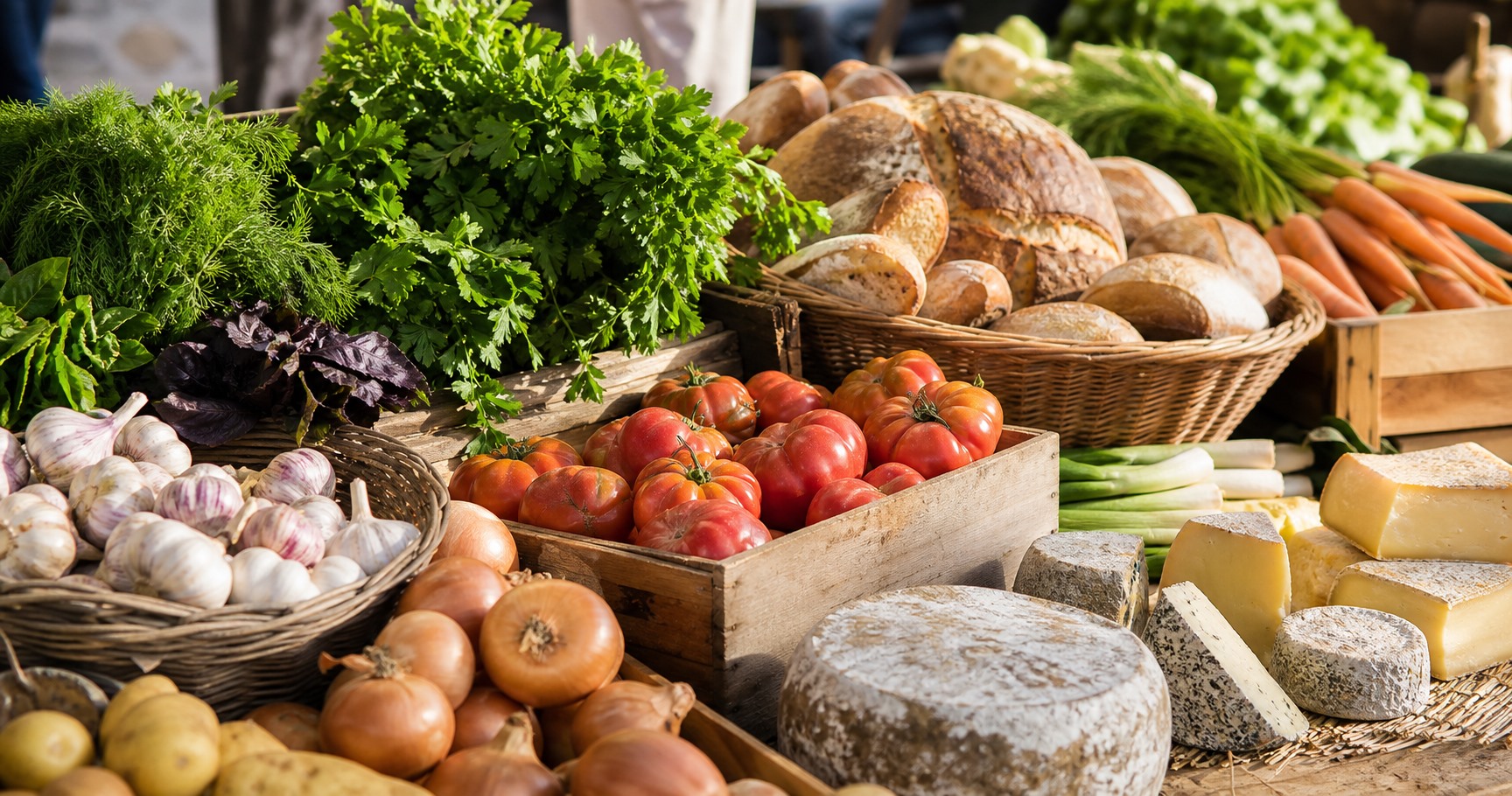Marché de producteurs locaux avec produits frais et ambiance chaleureuse