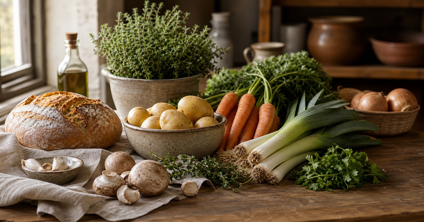 Ingrédients de saison disposés sur une table de cuisine chaleureuse